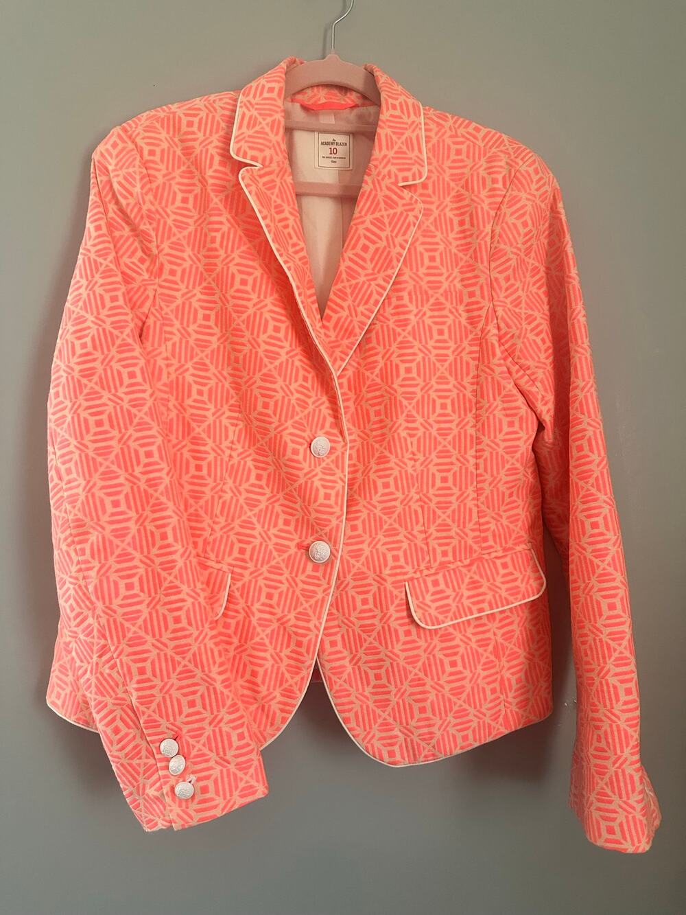 GAP Academy Blazer Womens 10 Coral Pink Geometric Print White Piping Preppy
